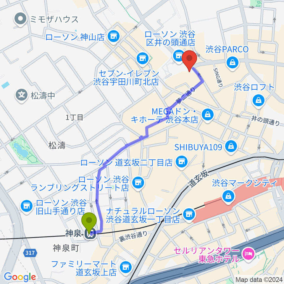 神泉駅からHMV record shop 渋谷へのルートマップ地図