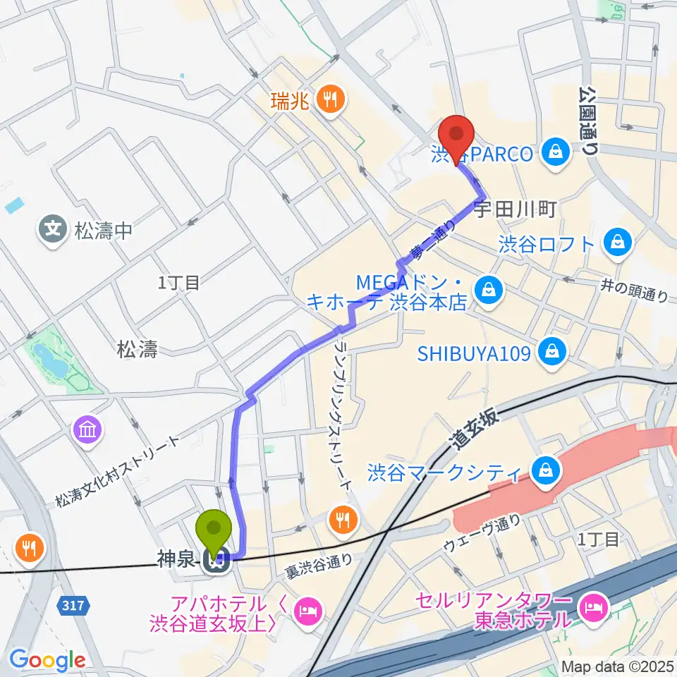 神泉駅からHMV record shop 渋谷へのルートマップ地図