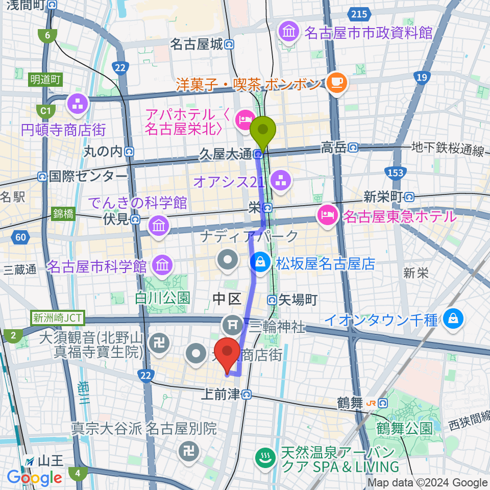 久屋大通駅からバナナレコード本店へのルートマップ Mdata