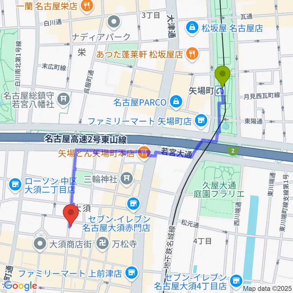 矢場町駅からバナナレコード大須店へのルートマップ地図
