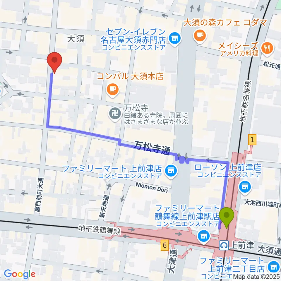 バナナレコード大須店の最寄駅上前津駅からの徒歩ルート（約6分）地図