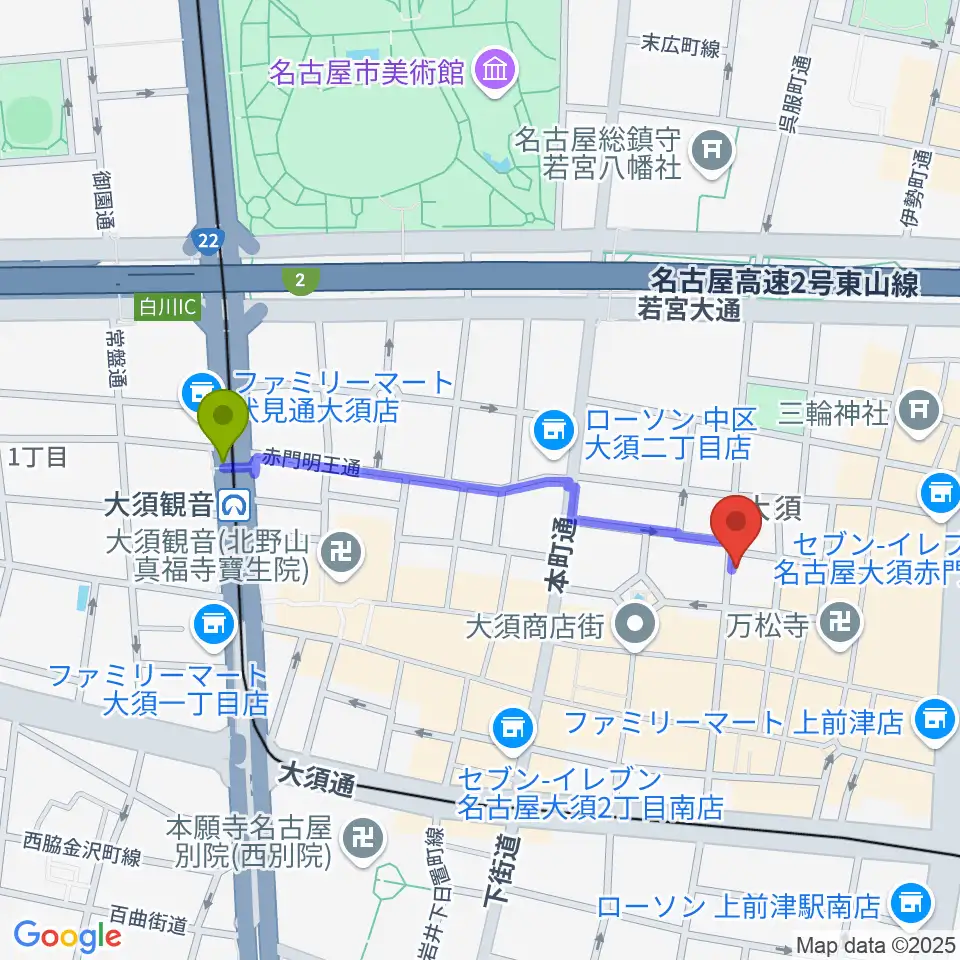 大須観音駅からバナナレコード大須店へのルートマップ地図