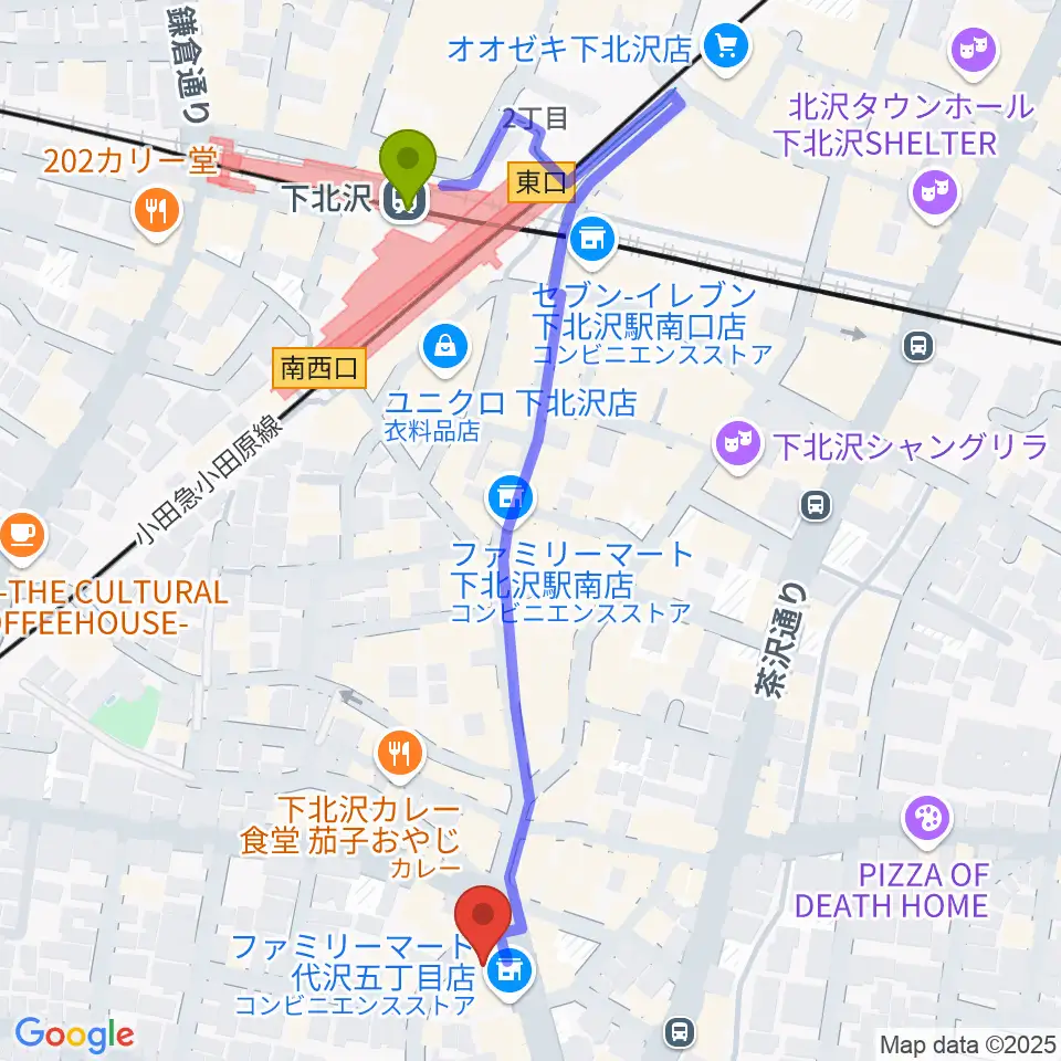 BM Studioの最寄駅下北沢駅からの徒歩ルート（約6分）地図