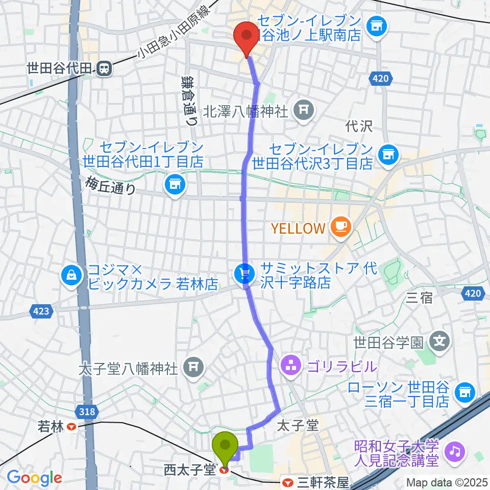 西太子堂駅からBM Studioへのルートマップ地図