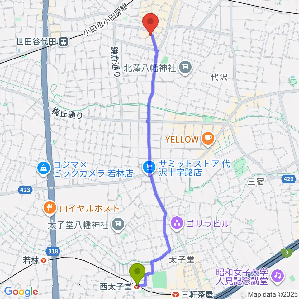 西太子堂駅からBM Studioへのルートマップ地図
