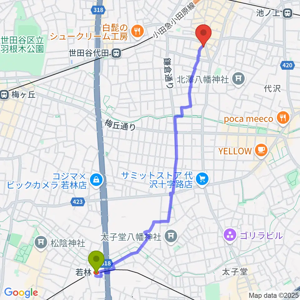 若林駅からBM Studioへのルートマップ地図