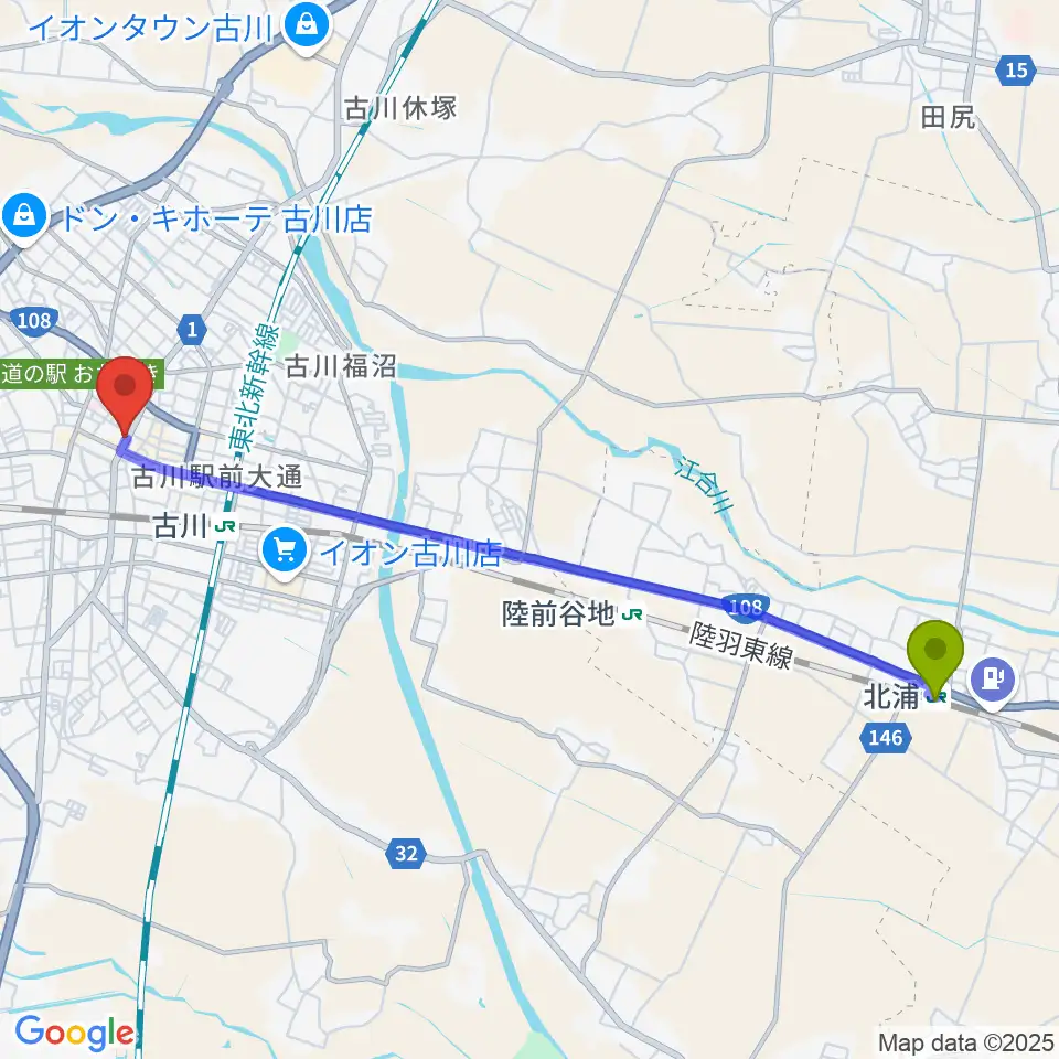 北浦駅からソマキ・ミュージックへのルートマップ地図