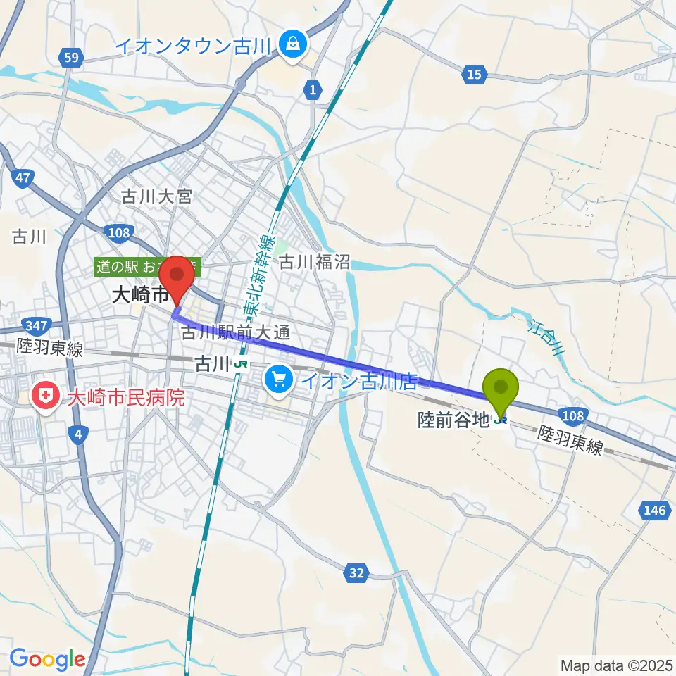 陸前谷地駅からソマキ・ミュージックへのルートマップ地図