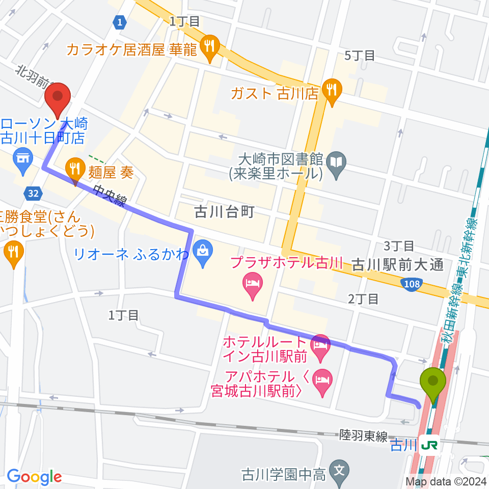 ソマキ・ミュージックの最寄駅古川駅からの徒歩ルート（約14分）地図