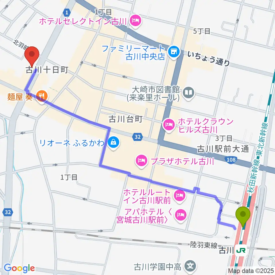 ソマキ・ミュージックの最寄駅古川駅からの徒歩ルート（約14分）地図