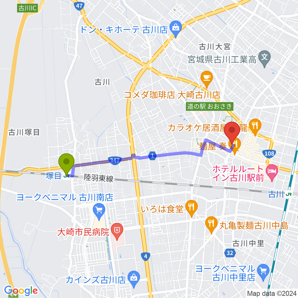 塚目駅からソマキ・ミュージックへのルートマップ地図