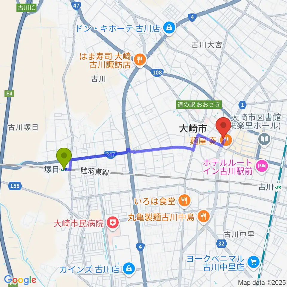 塚目駅からソマキ・ミュージックへのルートマップ地図