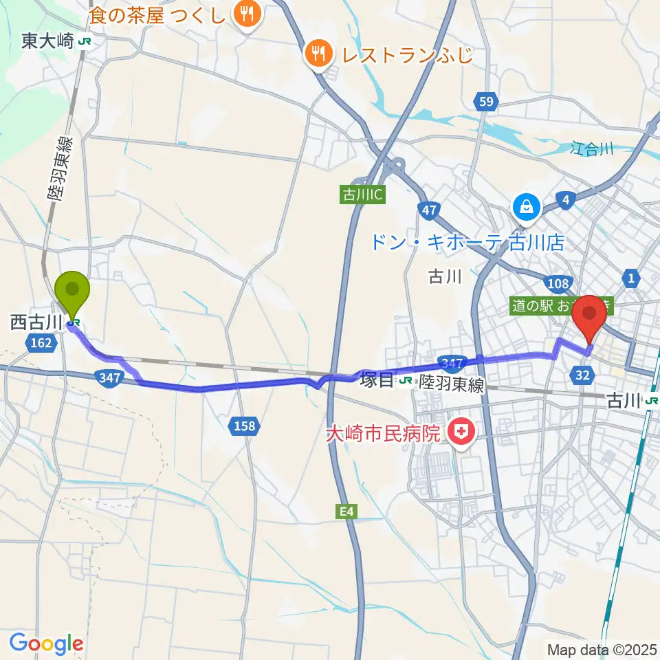 西古川駅からソマキ・ミュージックへのルートマップ地図