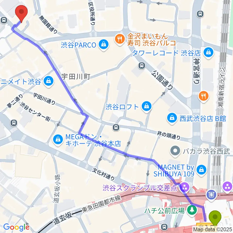 マンハッタンレコード渋谷の最寄駅渋谷駅からの徒歩ルート（約9分）地図
