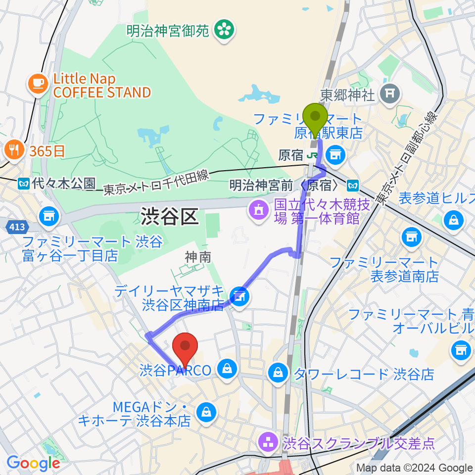 原宿駅からマンハッタンレコード渋谷へのルートマップ地図