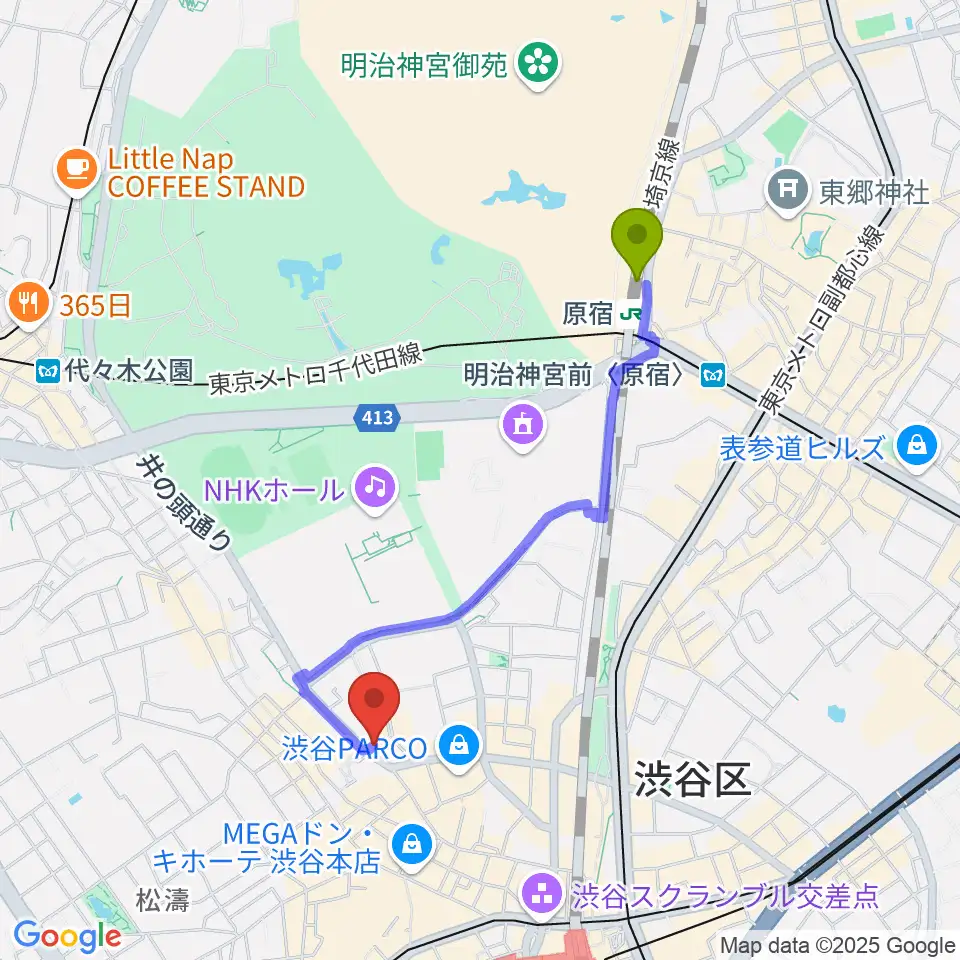原宿駅からマンハッタンレコード渋谷へのルートマップ地図