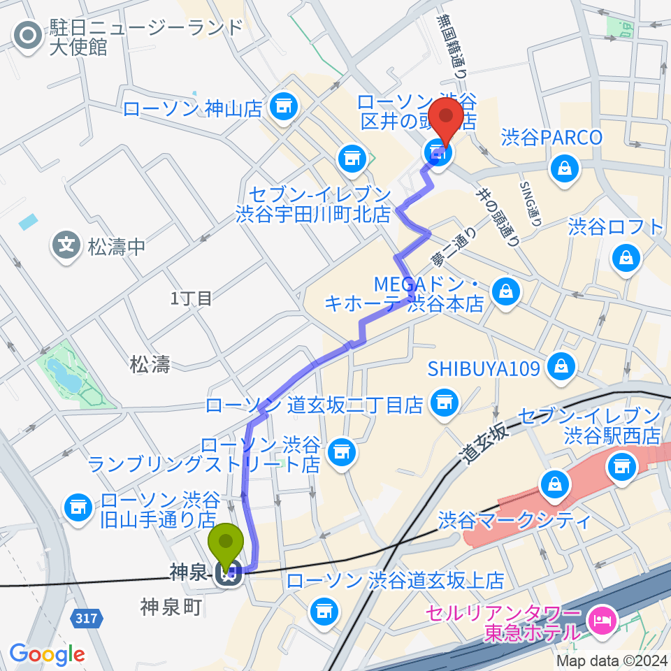 神泉駅からマンハッタンレコード渋谷へのルートマップ地図