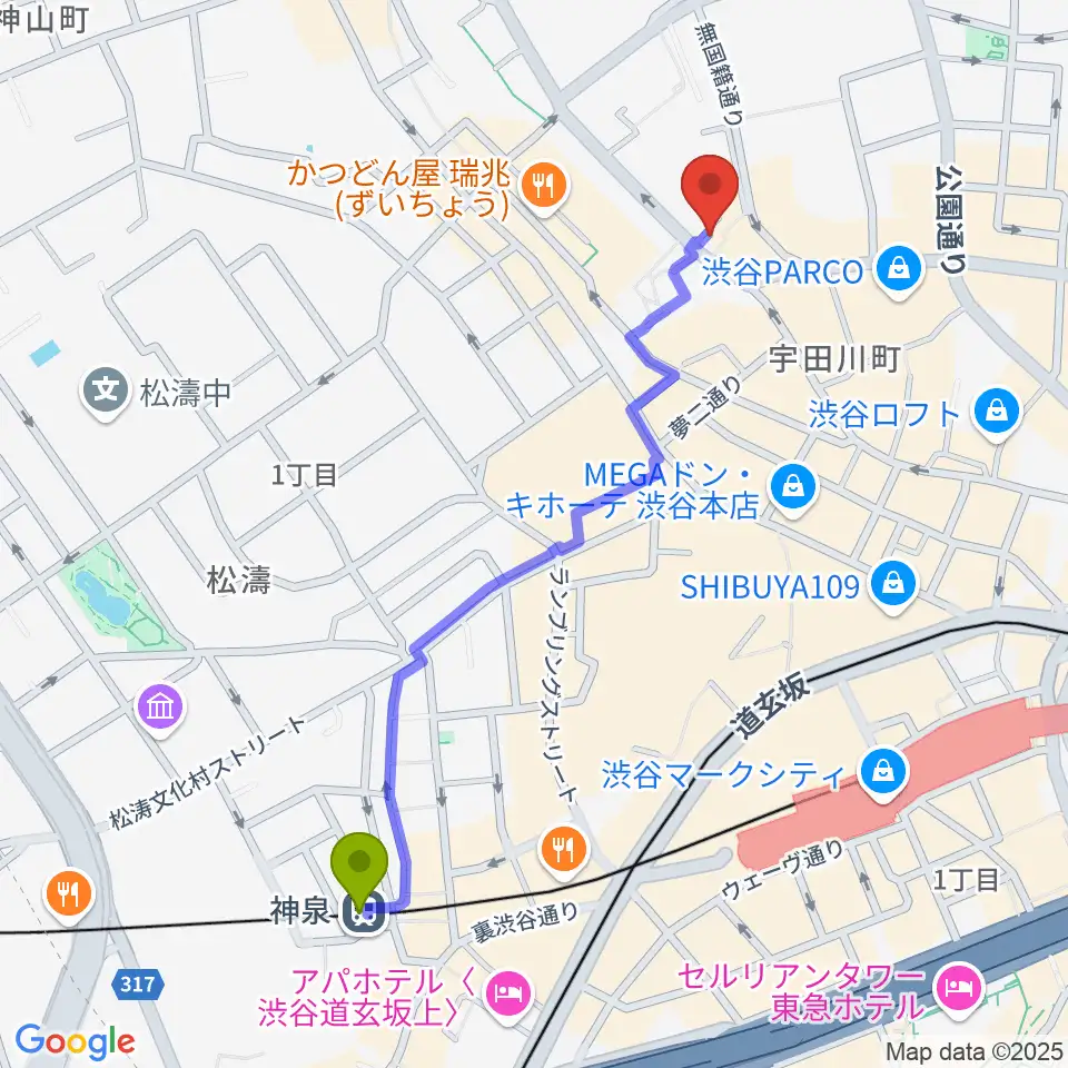 神泉駅からマンハッタンレコード渋谷へのルートマップ地図
