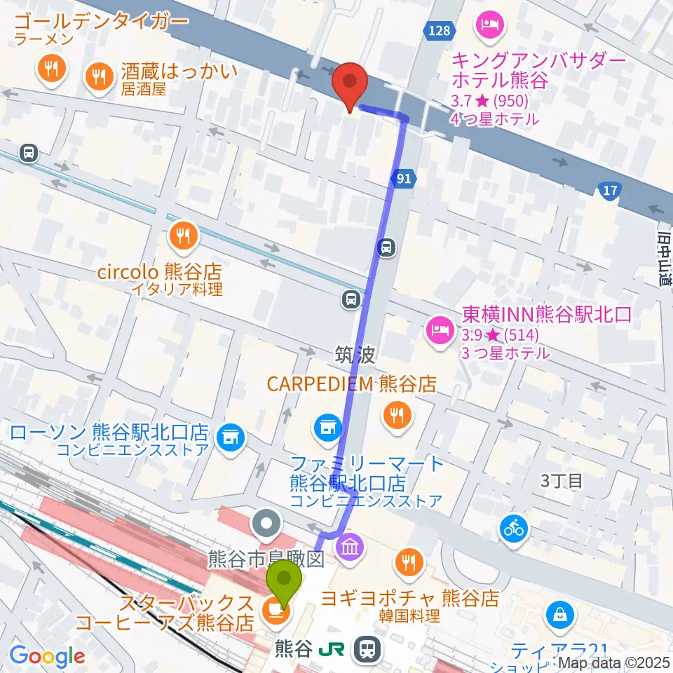 モルタルレコードの最寄駅熊谷駅からの徒歩ルート（約6分）地図