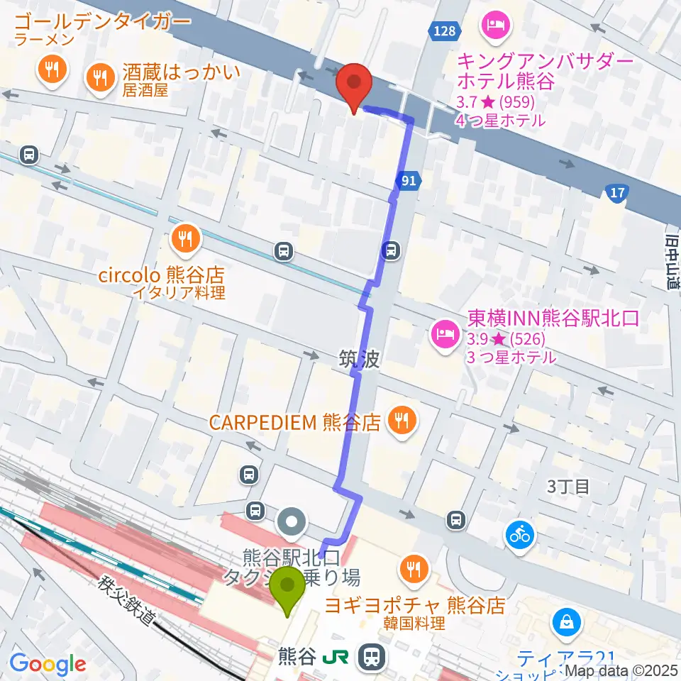 モルタルレコードの最寄駅熊谷駅からの徒歩ルート（約6分）地図