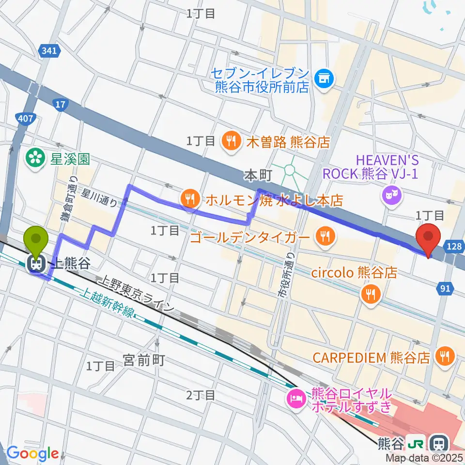 上熊谷駅からモルタルレコードへのルートマップ地図