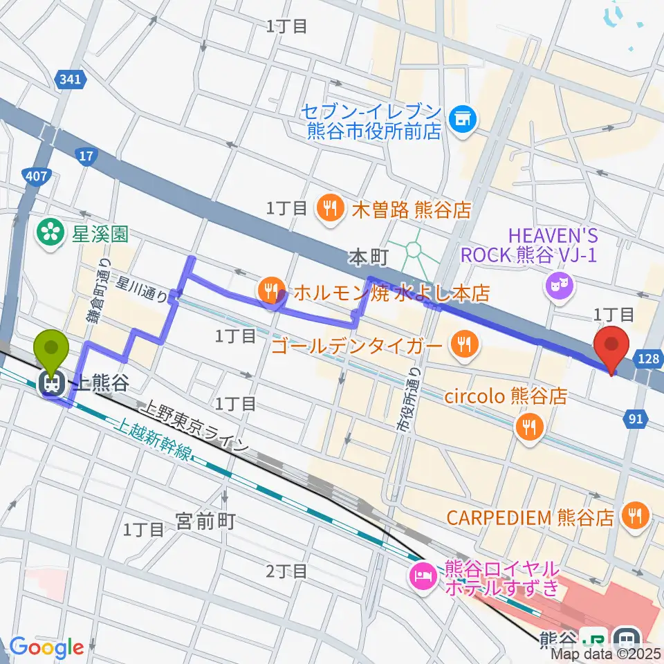 上熊谷駅からモルタルレコードへのルートマップ地図