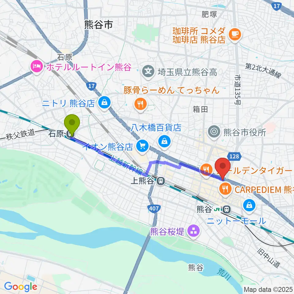 石原駅からモルタルレコードへのルートマップ地図