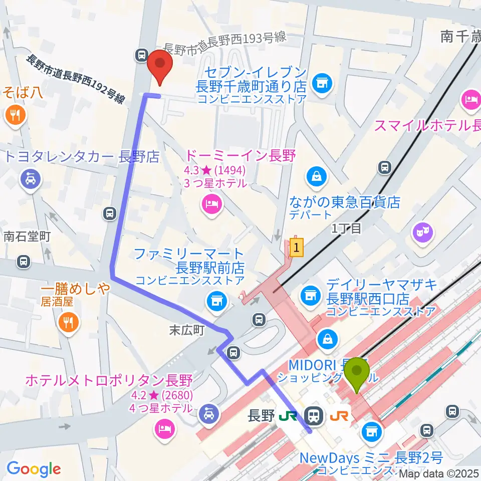 長野Venueの最寄駅長野駅からの徒歩ルート（約6分）地図