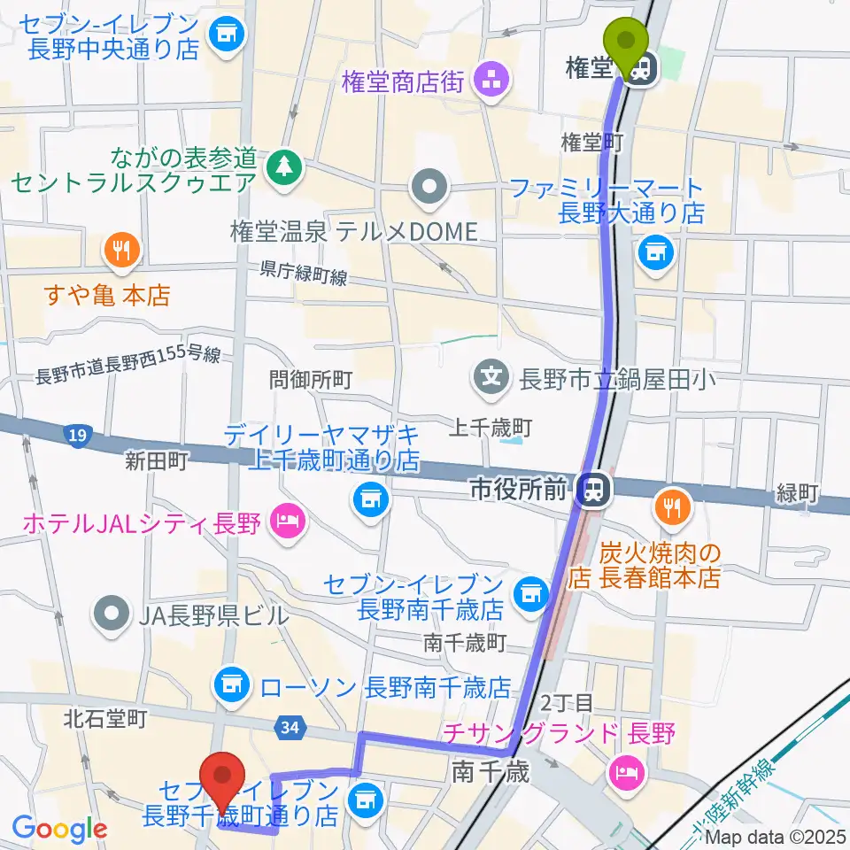 権堂駅から長野Venueへのルートマップ地図