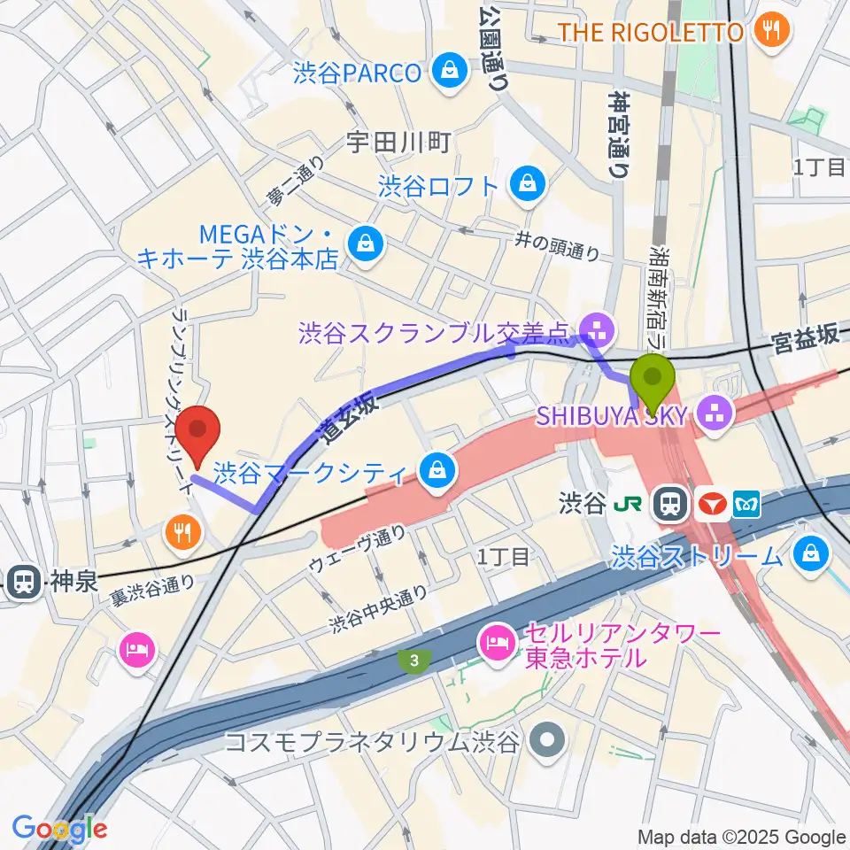 渋谷駅から渋谷DESEOへのルートマップ地図