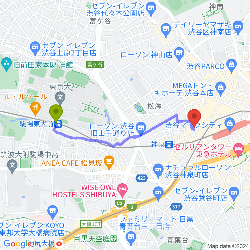 駒場東大前駅から渋谷DESEOへのルートマップ地図
