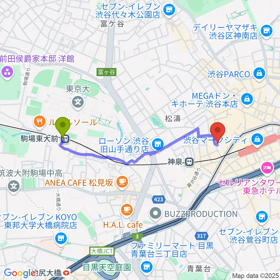 駒場東大前駅から渋谷DESEOへのルートマップ地図