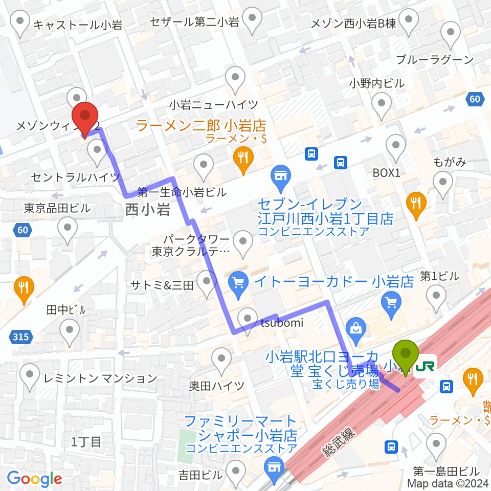 桃井ヴァイオリン教室の最寄駅小岩駅からの徒歩ルート（約6分）地図