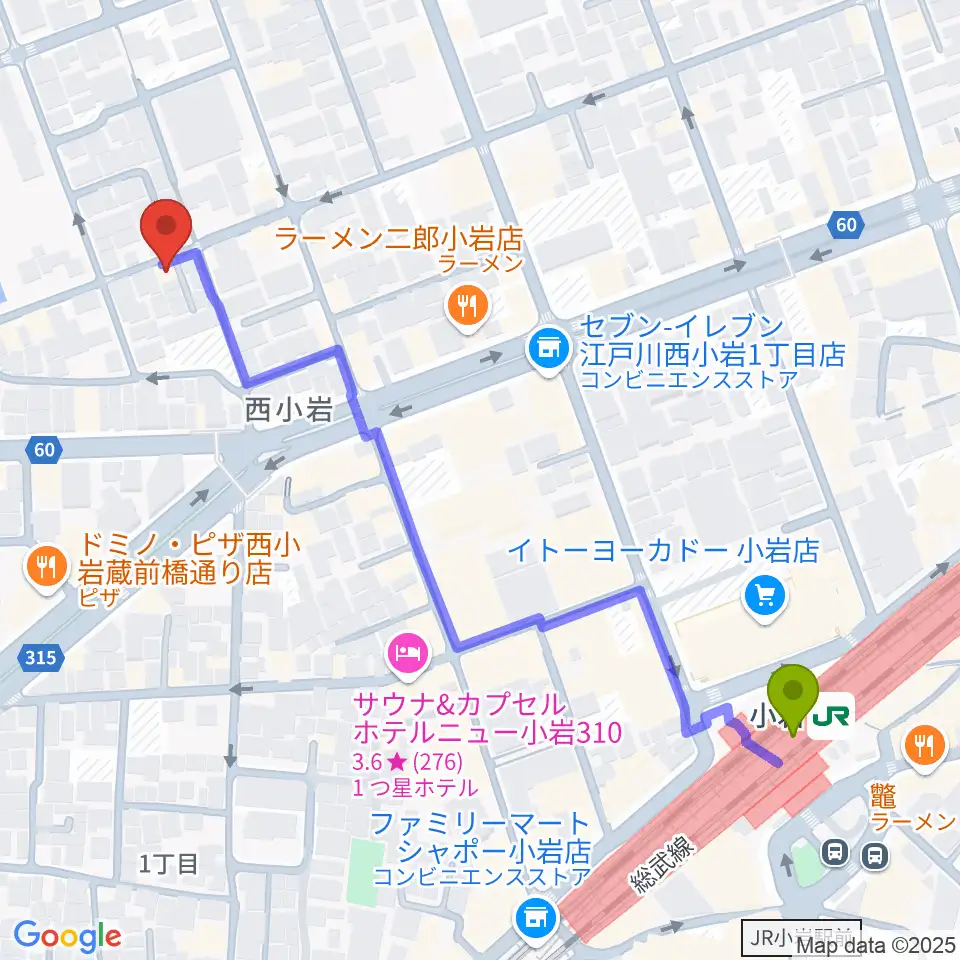 桃井ヴァイオリン教室の最寄駅小岩駅からの徒歩ルート（約6分）地図