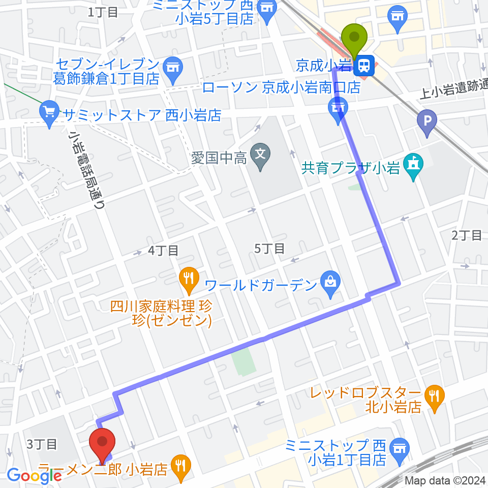 京成小岩駅から桃井ヴァイオリン教室へのルートマップ地図