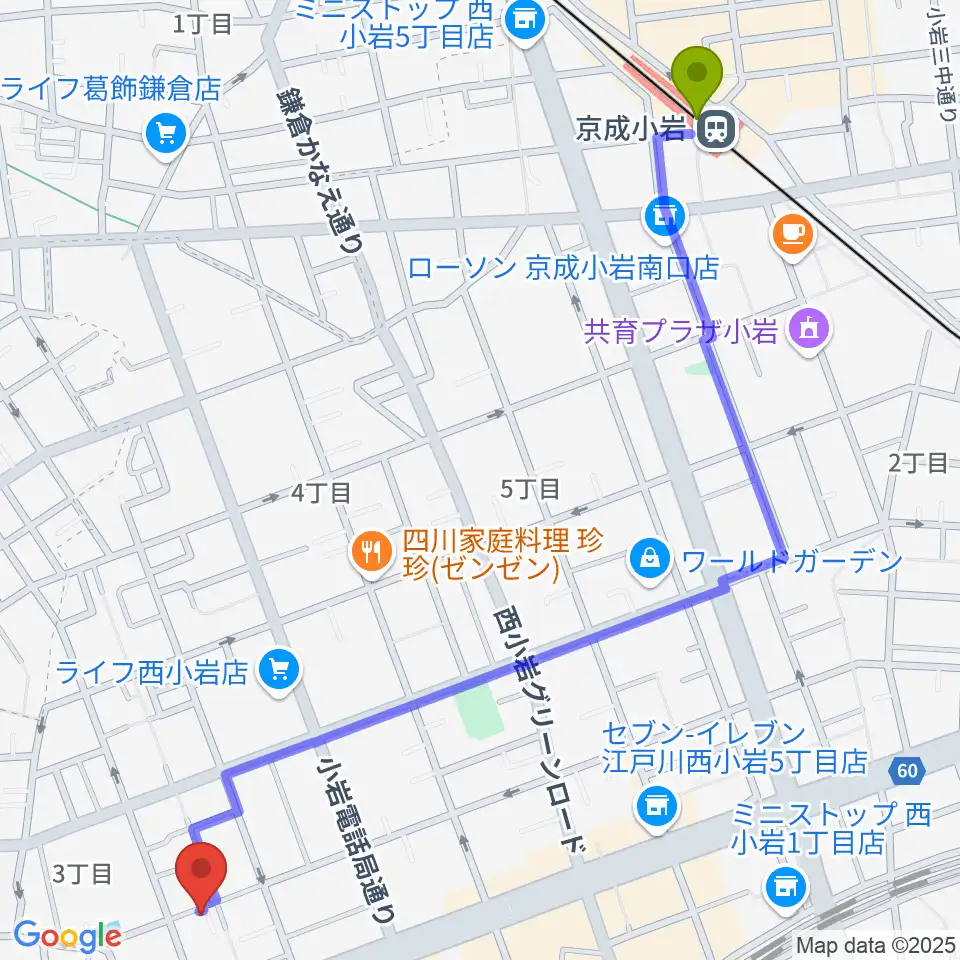 京成小岩駅から桃井ヴァイオリン教室へのルートマップ地図