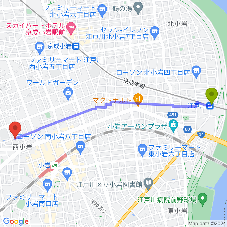 江戸川駅から桃井ヴァイオリン教室へのルートマップ地図