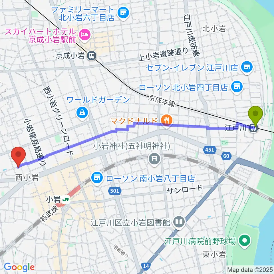 江戸川駅から桃井ヴァイオリン教室へのルートマップ地図