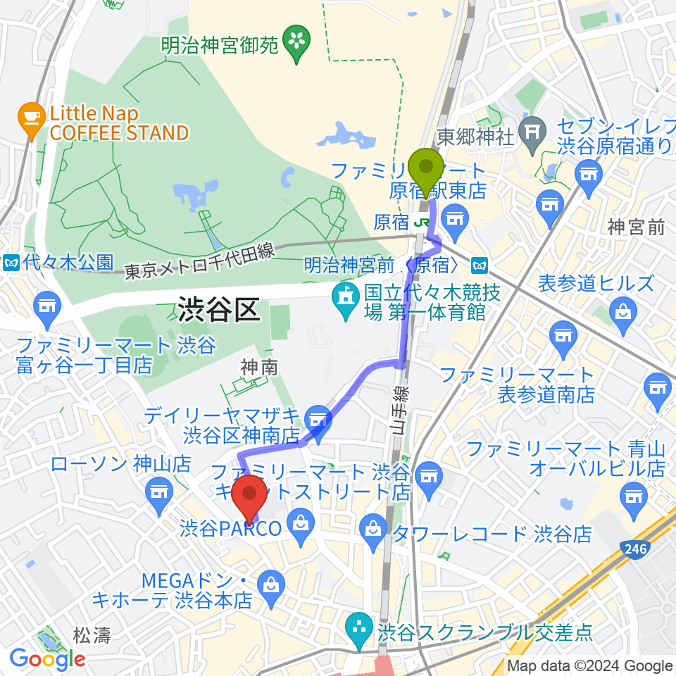 原宿駅から渋谷next recordsへのルートマップ地図