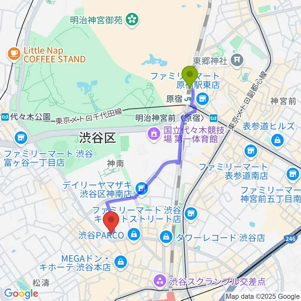 原宿駅から渋谷next recordsへのルートマップ地図