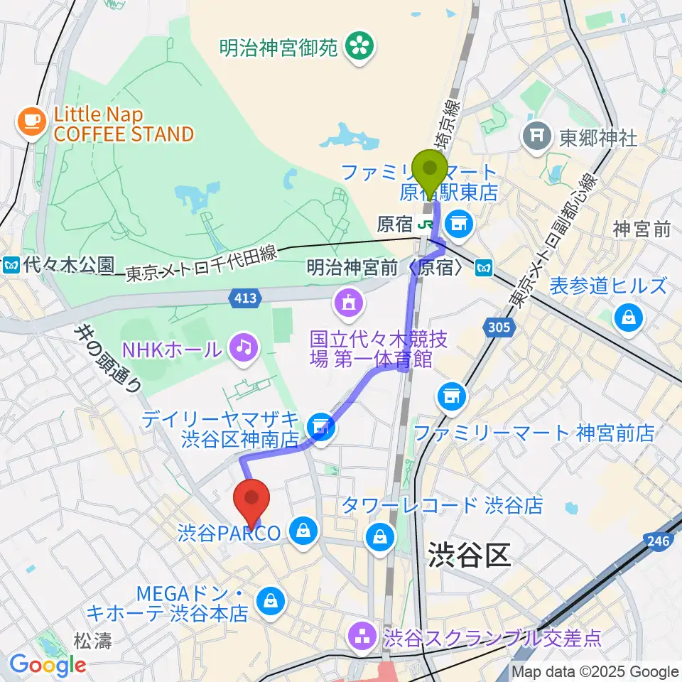 原宿駅から渋谷next recordsへのルートマップ地図