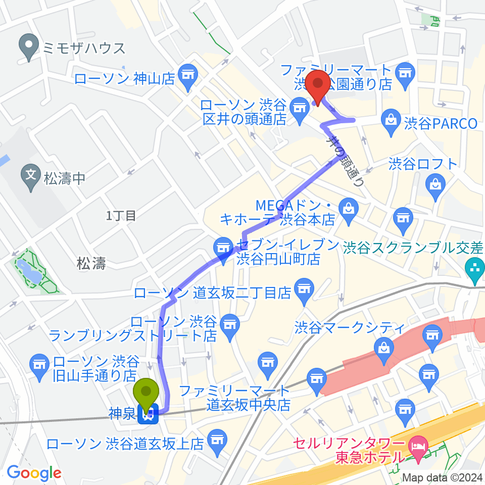 神泉駅から渋谷next recordsへのルートマップ地図