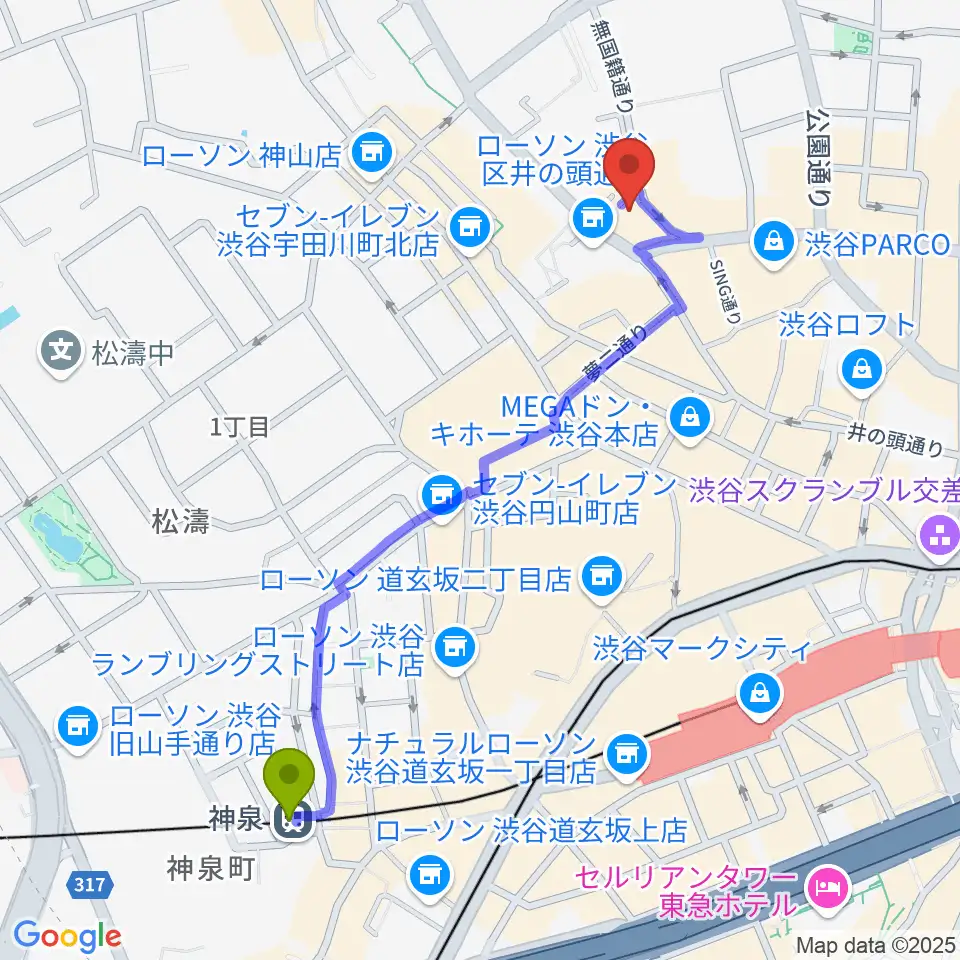 神泉駅から渋谷next recordsへのルートマップ地図