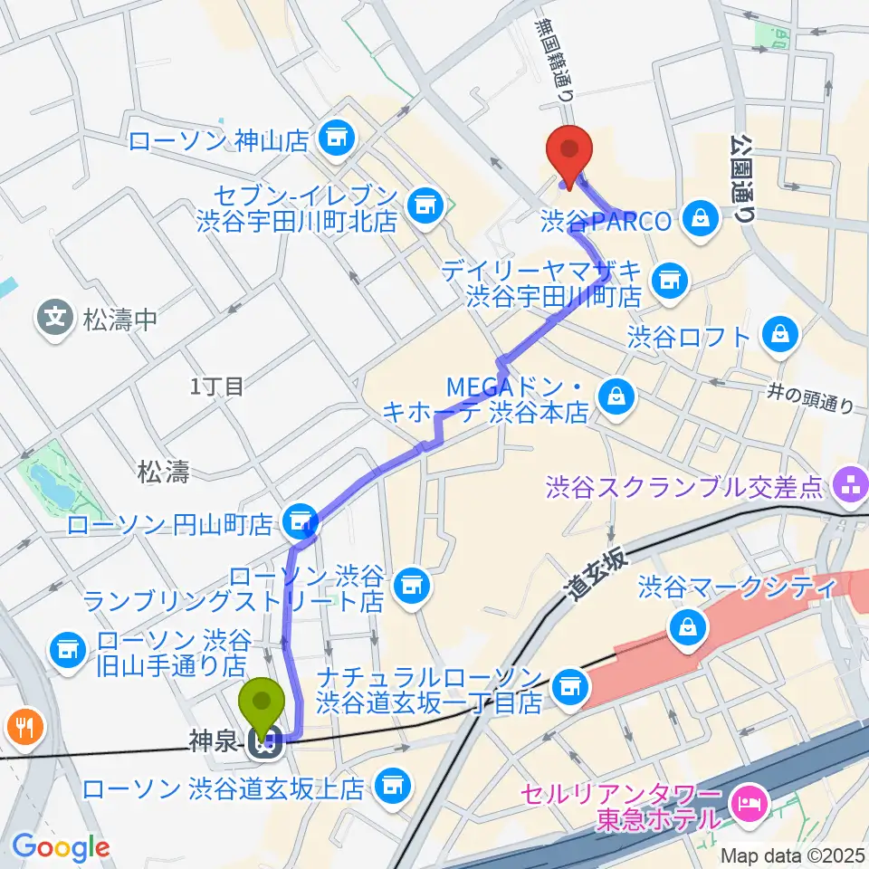 神泉駅から渋谷next recordsへのルートマップ地図