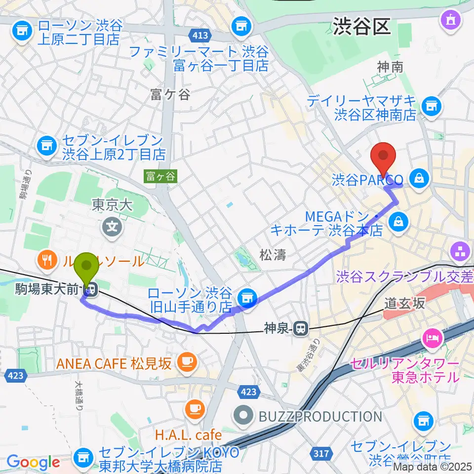 駒場東大前駅から渋谷next recordsへのルートマップ地図