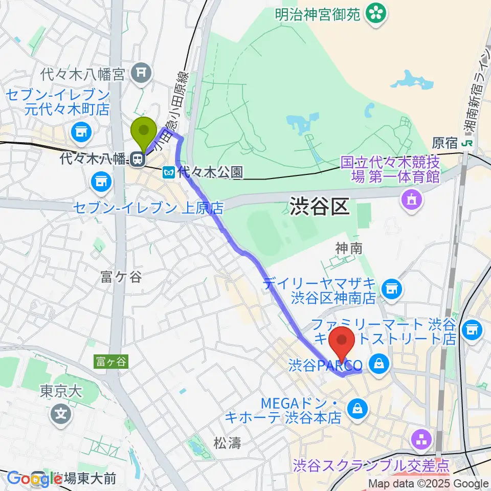 代々木八幡駅から渋谷next recordsへのルートマップ地図