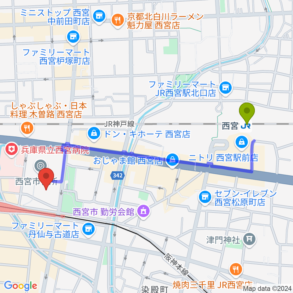 西宮駅から西宮市民会館アミティ・ベイコムホールへのルートマップ地図