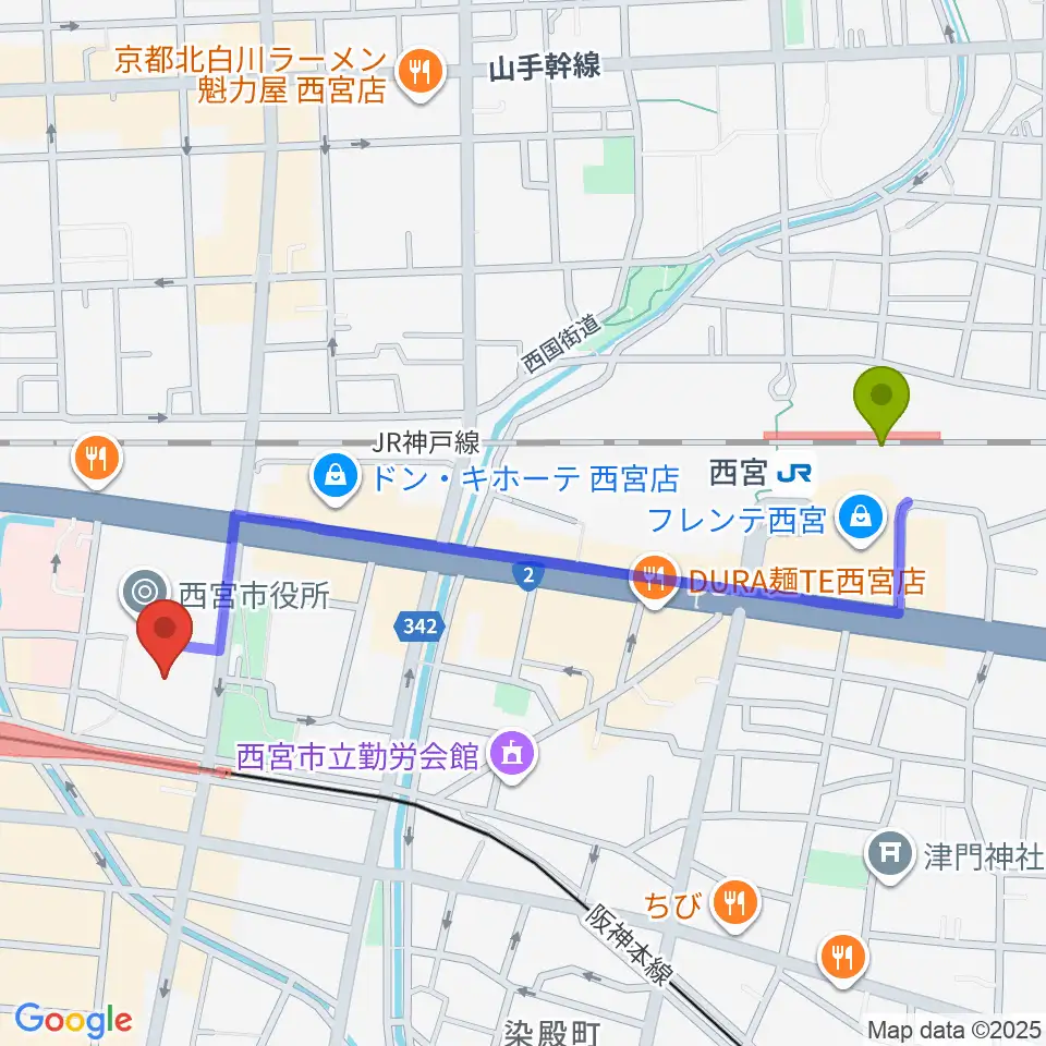 西宮駅からアミティ・ベイコムホールへのルートマップ地図