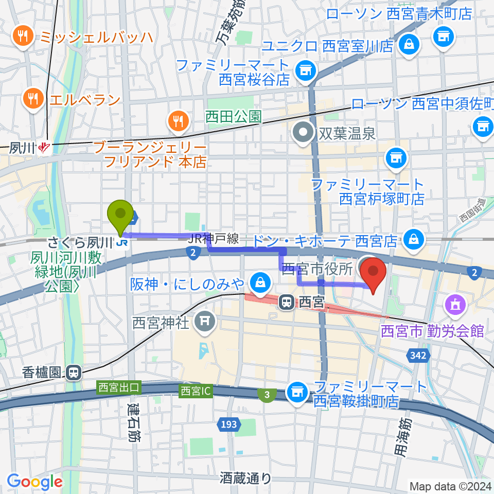 さくら夙川駅から西宮市民会館アミティ・ベイコムホールへのルートマップ地図