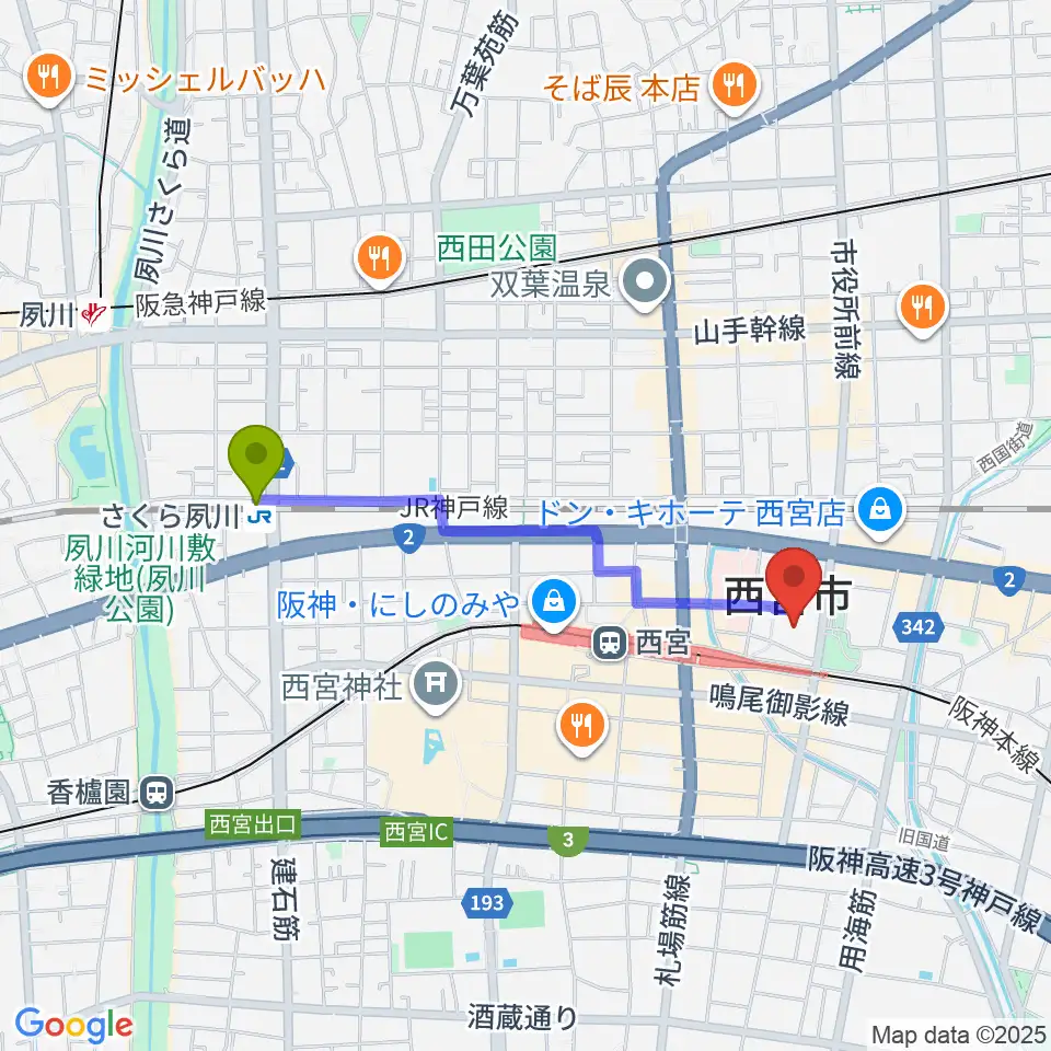 さくら夙川駅からアミティ・ベイコムホールへのルートマップ地図